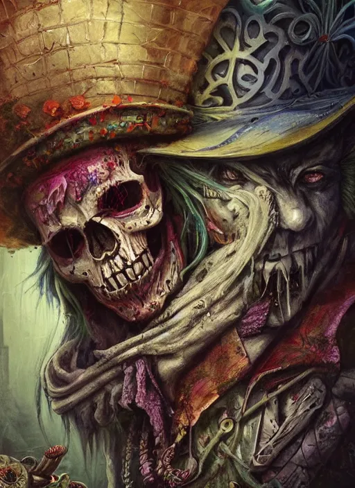 Image similar to mad hatter, aztec god, skull, highly detailed, cinematic, 8 k, by megan duncanson, benjamin lacombe, adrian borda, stanley artgermm, tom bagshaw, craig mullins, carne griffiths, ayami kojima, beksinski, giger, trending on deviantart, hyper detailed, horror, full of colour