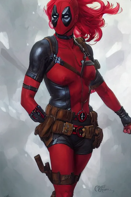 Image similar to portrait of a girl wearing deadpool costumes, upper body, red hair, long hair, d & d, fantasy, fierce, sharp features, intricate, elegant, highly detailed, digital painting, artstation, concept art, matte, sharp focus, illustration, art by artgerm and greg rutkowski and alphonse mucha