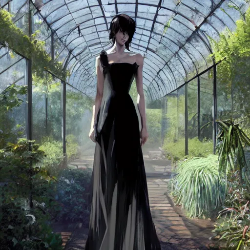 Image similar to portrait of a woman in a black dress standing in an elegant greenhouse garden, dramatic lighting, illustration by greg rutkowski, yoji shinkawa, 4 k, digital art, concept art, trending on artstation