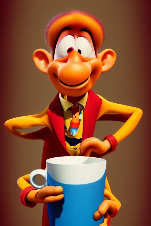 Image similar to portrait of a clown holding a cup of coffee, circus in background, full body. pixar disney 4 k 3 d render funny animation movie oscar winning trending on artstation and behance. ratatouille style.