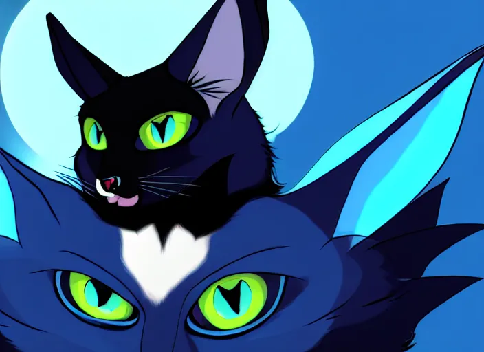 Image similar to a blue - and - black male catbat fursona with blue / green heterochromatic eyes ( differently - colored eyes, one eye green, one eye blue ) and huge bat ears, photo of the catbat streaming on his computer