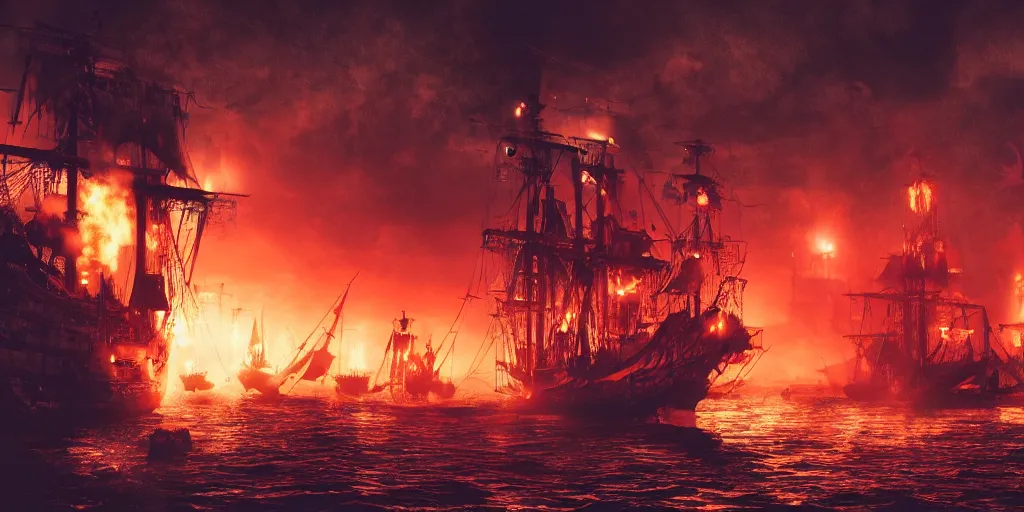 Prompt: pirate ships at war at night, a kraken, smoke, fire, chaos, photo realistic, 8k, artstation, Blade runner, neon signs in the distance, dark, cinematic, high contrast, epic