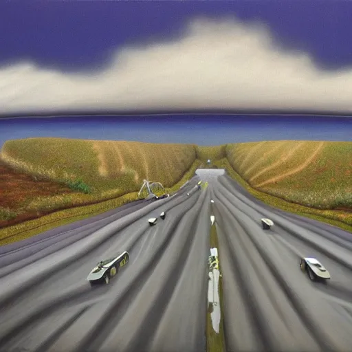 Image similar to surrealist painting of a highway