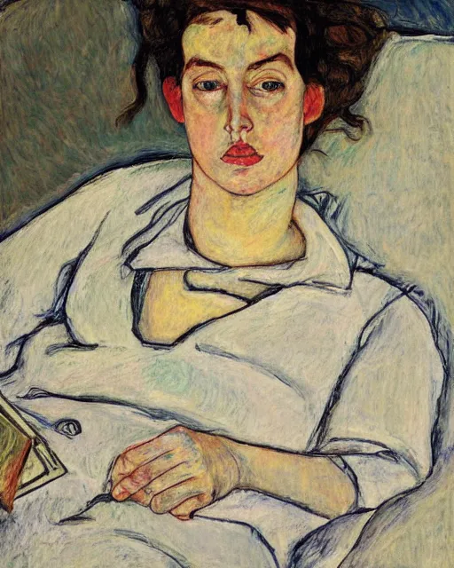 Image similar to portrait of young female on the sofa reading from ipad, in the style of Egon Schiele