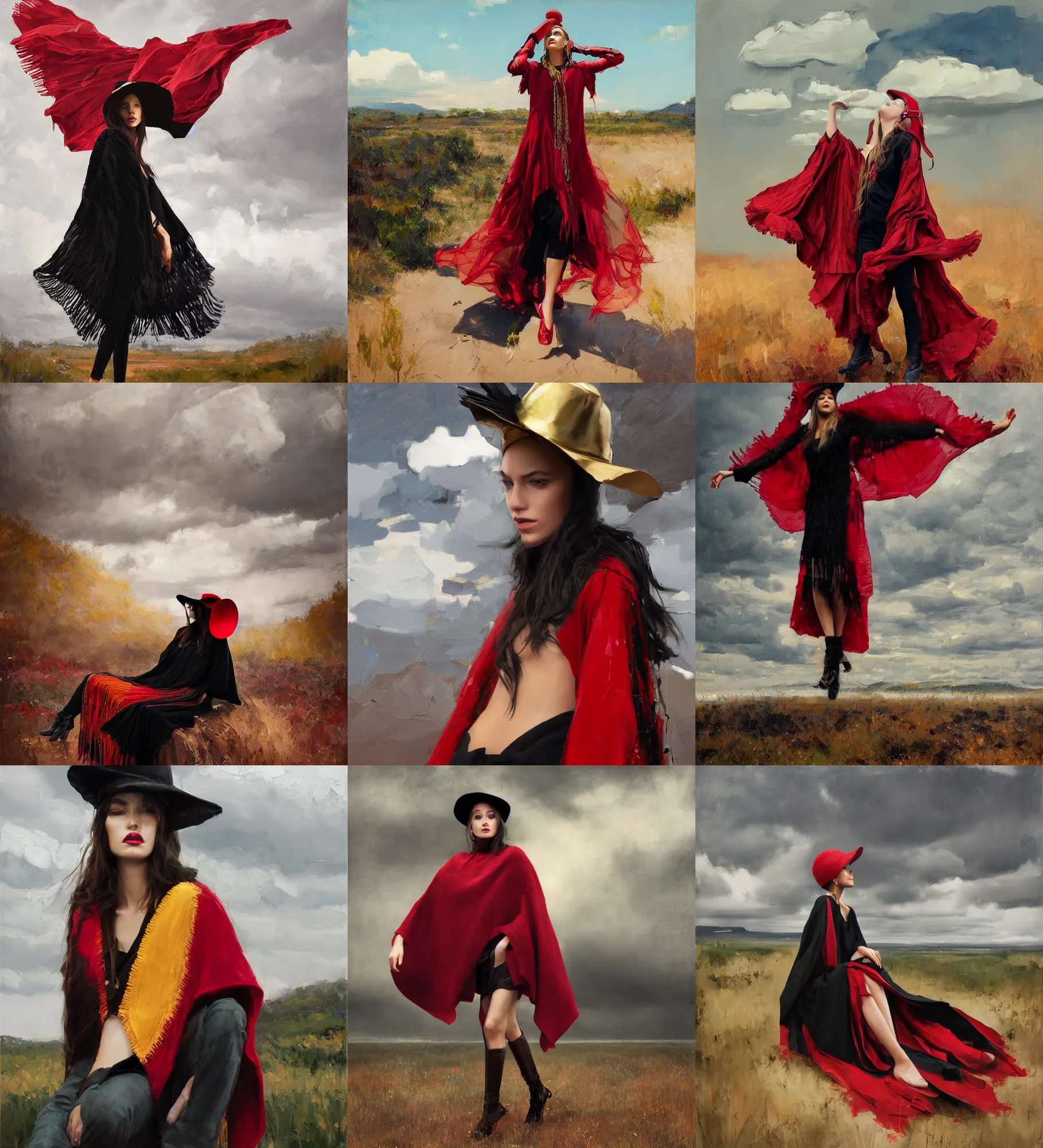 Prompt: portrait of fashionable young woman wearing rich jewerly hat and boho black and red gold poncho, sitting dynamic pose, Low poly, thunder clouds in the sky, artwork by Jeremy Lipkin and Giuseppe Dangelico Pino and Michael Garmash and rob rey, levitation, industrial rusty pipes, simple form, brutal shapes