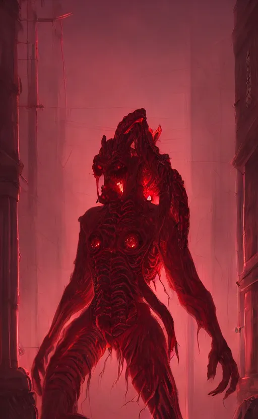 Prompt: mother demogorgon in the background, red ambience, at night, creepy over the street in the background, dynamic lighting, photorealistic fantasy concept art, trending on art station, stunning visuals, creative, cinematic, ultra detailed