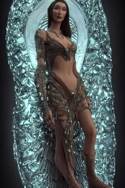 Prompt: a highly detailed medium shot 8 k render portrait of an alien goddess bella hadid in iris van herpen dress schiaparelli armor in diamonds and lots of jewelry in style of alphonse mucha trending on artstation made in unreal engine 4