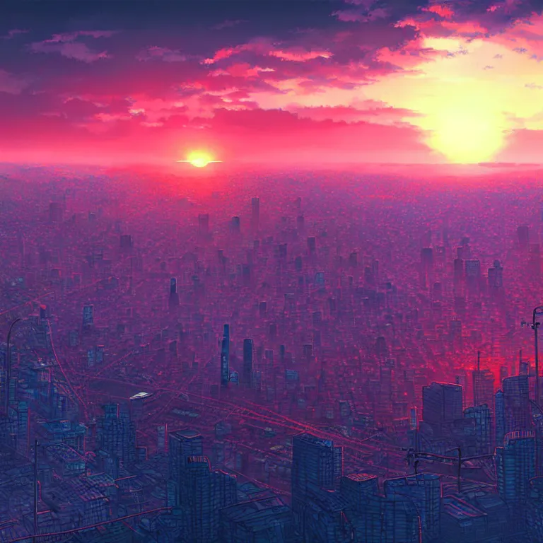 Image similar to birdseye view of a sunrise over a city, art by yoshitaka amano and alena aenami, cityscape