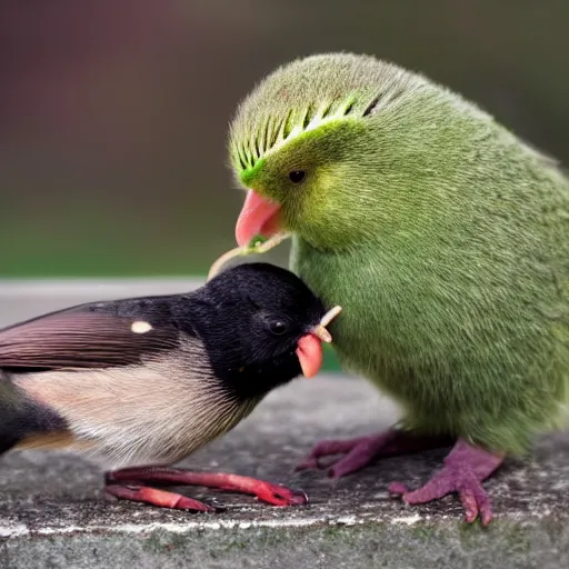 Image similar to a kiwi bird eating a kiwi fruit