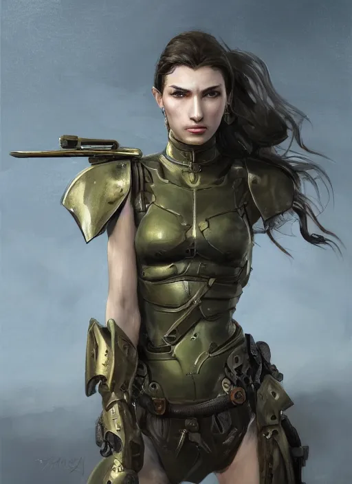 Image similar to a professionally painting of an attractive young female, partially dressed in military armor, olive skin, long dark hair, beautiful bone structure, perfectly proportioned, symmetrical facial features, intricate, elegant, heroic pose, digital painting, concept art, illustration, sketch-like, sharp focus, finely detailed, from Metal Gear, in the style of Ruan Jia and Mandy Jurgens and William-Adolphe Bouguerea