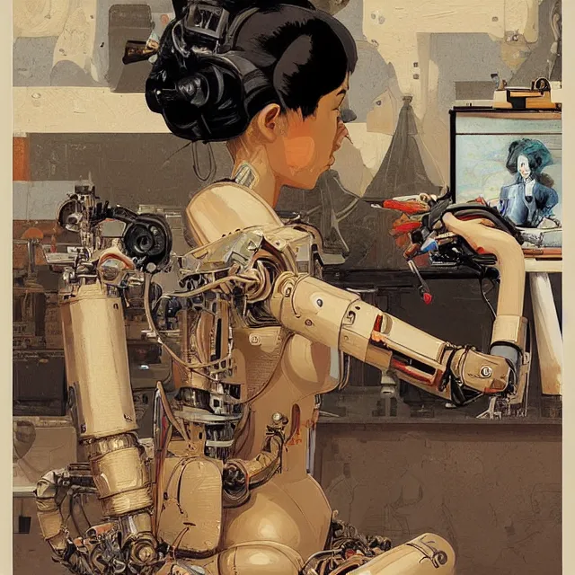 Image similar to robot artist painting a self - portrait on a canvas. intricate, highly detailed, digital matte painting, in the style of alexandros pyromallis, and in the style of sachin teng, and in the style of hans thoma, and in the style of robert mcginnis. irony, recursion, inspiration.