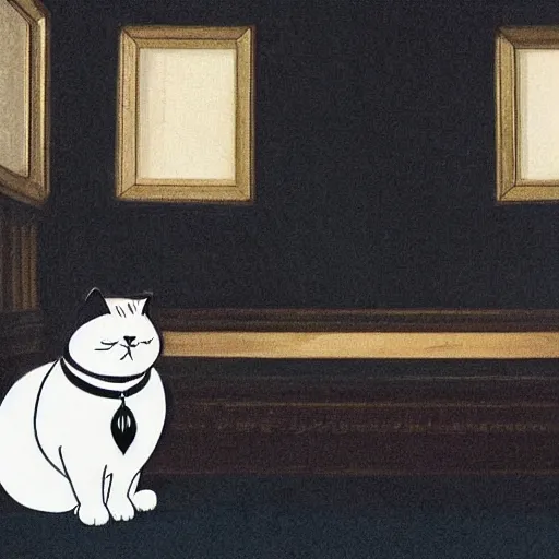 Image similar to photograph of a very fat and judgmental cat wearing a full tuxedo sitting in a dimly lit parlor lounge