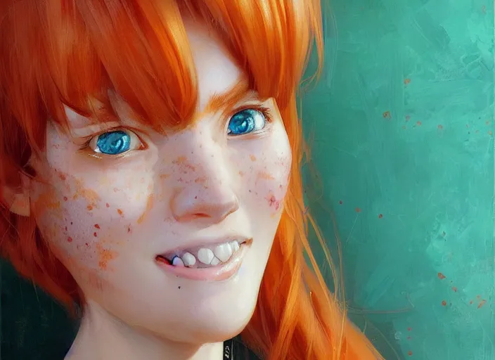 Prompt: portrait Anime beautiful smiling Girl with orange hair and freckles, green eyes fine face pretty face, realistic shaded Perfect face, fine details. Anime. by katsuhiro otomo magali villeneuve, artgerm, rutkowski Jeremy Lipkin and Giuseppe Dangelico Pino and Michael Garmash and Rob Rey