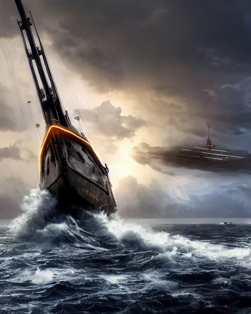 Image similar to scifi action scene of a fishing boat on stormy seas, a gigantic star destroyer spaceship flying overhead, the gigantic star destroyer spaceship is emerging from storm clouds, sunset lighting, stormy weather, dramatic lighting, unreal engine, hyper realism, realistic shading, cinematic composition, realistic render, octane render, detailed textures, photorealistic, ultrawide shot, 1 6 mm lens