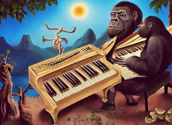 Prompt: 🦍🎹🎼, lowbrow in the style of camille rose garcia and mark ryden and salvador dali, 8 k, matte painting,