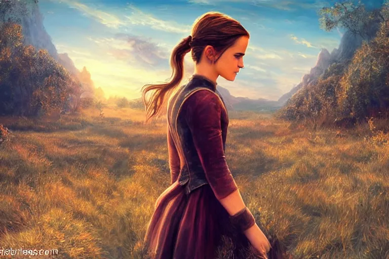 Image similar to emma watson, first person view, fantasy, painting, ultra realistic!!!, clear weather, golden hour, sharp focus