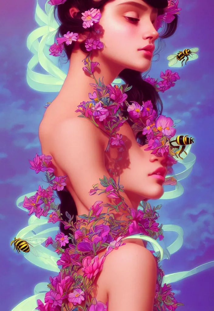 Prompt: young beautiful woman, gorgeous face, vaporwave aesthetic, synthwave, colorful, psychedelic, artstation, flowers, bees, ribbons, concept art, full - body, gown, smooth, extremely sharp detail, finely tuned detail, 8 k, unreal engine 5, ultra sharp focus, illustration, art by artgerm and greg rutkowski and alphonse mucha