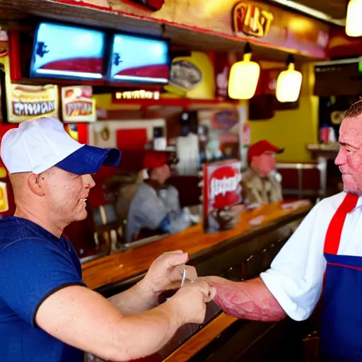 Image similar to a photograph of a real - life popeye the sailor man handing change to a customer at a popeye's chicken restaurant. he is behind the counter wearing a uniform, the customer is wearing khakis and a coat.