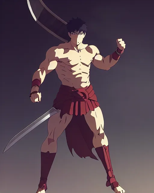 Image similar to powerful muscular warrior with a greatsword and wearing plate armor and a cape, dramatic action pose, square masculine jaw, short messy hair, trending on pixiv fanbox, by greg rutkowski makoto shinkai takashi takeuchi studio ghibli, akihiko yoshida