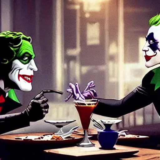 Image similar to A still of Batman and The Joker having dinner together, 4k, ultra realistic, detailed