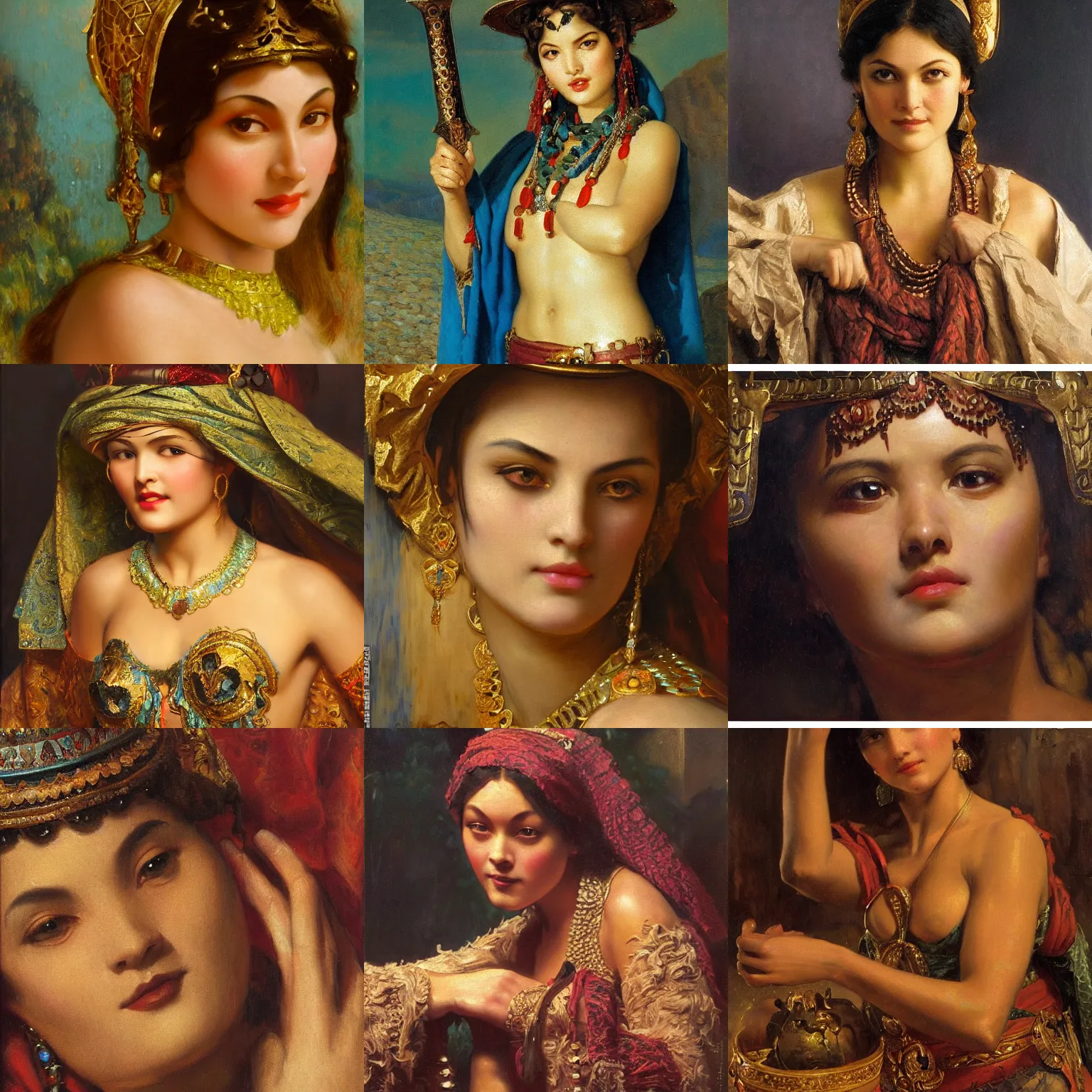 Prompt: orientalism painting of an arrogant smirking smug female thief cute face detail by theodore ralli and nasreddine dinet and nikolay makovsky and edwin longsden long, bronze age, sword and sorcery, oil on canvas, masterful intricate artwork, excellent lighting, high detail 8 k