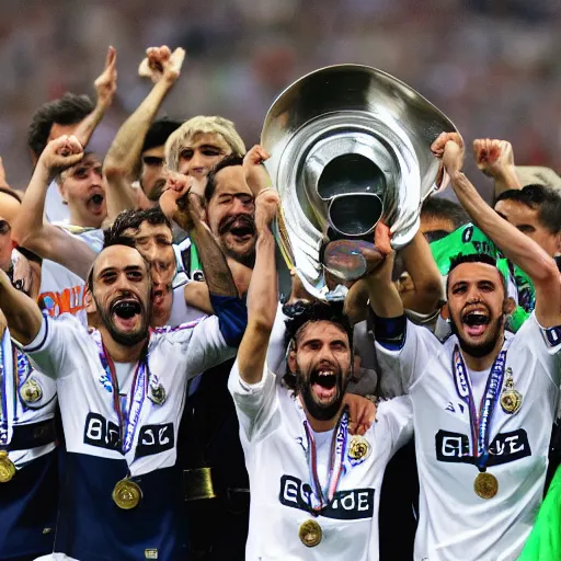 Image similar to sd compostela wins the champions league with borja iglesias captain lifting the cup at the santiago bernabeu stadium