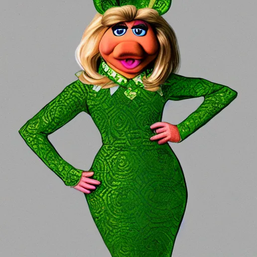 Image similar to miss piggy in the green versace dress, fanart, artstation, detailed, digital art