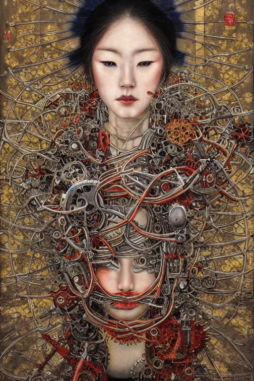 Prompt: beautiful oil painting of a cyborg shrine maiden by chie yoshii, full body portrait, sakura forest, wires and gears, symmetrical face, dramatic lighting