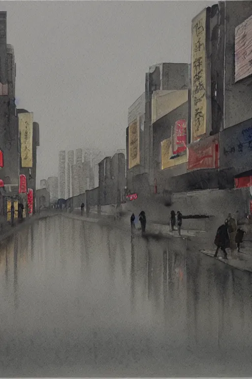 Image similar to A watercolor depicting an empty Xujiahui, gloomy weather, high contrast, smooth, by Joseph Zbikowicz, 8k