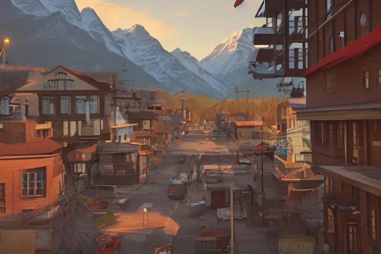 Prompt: cozy town in rocky mountains, matte painting, life is strange concept art, warm light, 3 d cell shading render