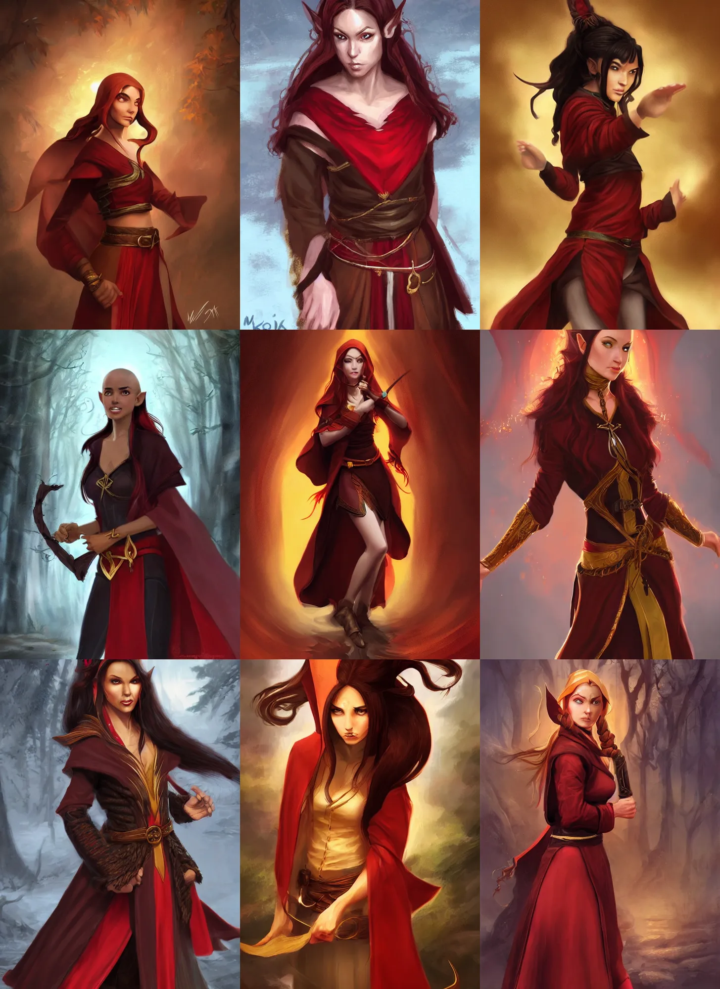 Prompt: beautiful female half elf monk, young, full body black and red longcoat, fisting, brown hair, short ponytail, golden eyes, brown skin, high fantasy, digital illustration, by michael komarck