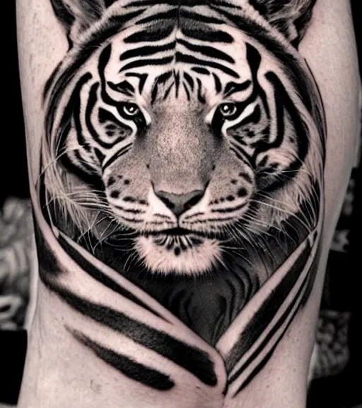 Image similar to tattoo design of a beautiful girl warrior under a tiger head, hyper realistic, realism tattoo, by eliot kohek, beautiful eyes, realistic face, black and white, white background