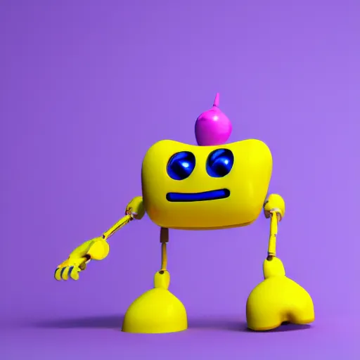 Prompt: high quality 3 d render made with blender of a small happy emoji piloting a colourful toy robot robot. the background is a purple gradient