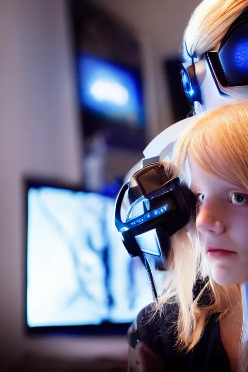 Image similar to gorgeous gamer girl with blonde hair and blue eyes playing on her computer, portrait shot of her face lit up by the monitor, wearing gaming headset, dark atmosphere, dynamic lighting