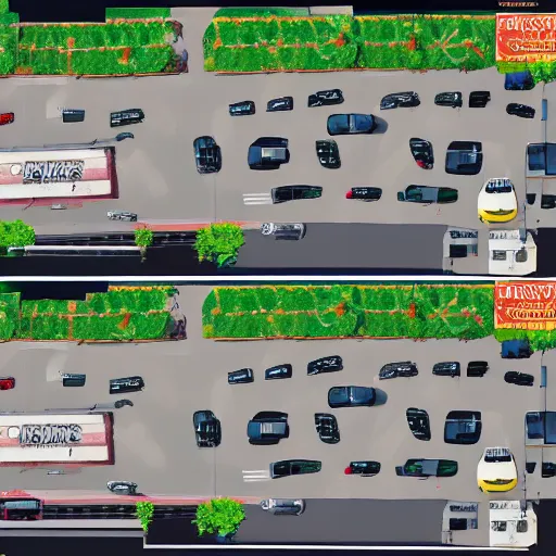 Image similar to top down map picture of a supermarket parking lot after a zombie attack, top down perspecrive