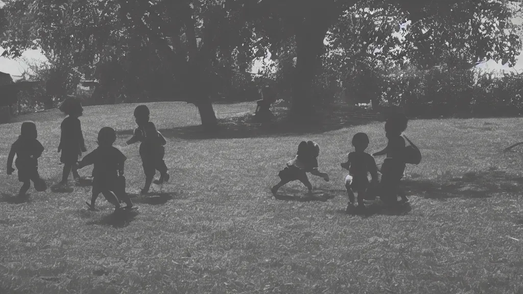 Prompt: children playing near a house. silhouette.