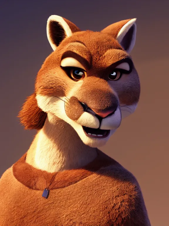 Image similar to a film still from the movie zootopia main character portrait anthro anthropomorphic mountain lion head animal person fursona wearing gym shorts at the gym pixar disney dreamworks animation sharp rendered in unreal engine 5 octane key art by greg rutkowski bloom dramatic lighting modeling expert masterpiece render