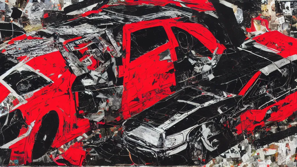 Prompt: lowrider crash test, collage paper and tape, black and red oil, acrylic on canvas, hyperrealism mixed with expressionism, high resolution, cinematic, unreal 6 breathtaking detailed, by blake neubert, by matt sesow