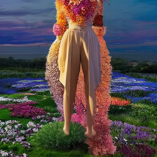 Image similar to A world of various flowers and plants, in which there is a figure of a human, dressed in something magical and impressive, inside this clothes infinity is all in sunset light, Atmospheric Phenomenon