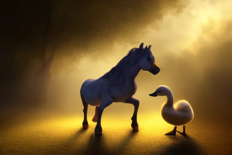 Prompt: a tiny miniature horse, stood next to a massive huge duck, evening light, cinematic photography, digital painting, volumetric light, concept art, trending on artstation, digital Art, fantasy art