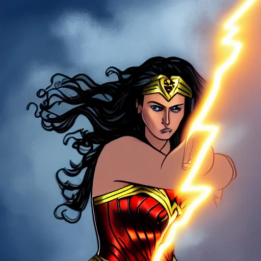 Prompt: Illustration of the scared wonder woman, in a landscape with lightning and thunder, digital art, well detailed