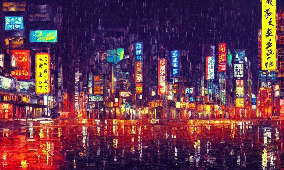 Prompt: the most beautiful landscape, oil painting, city like tokyo, night, raining, neon, desert, cinematic lighting, highly detailed, very realistic