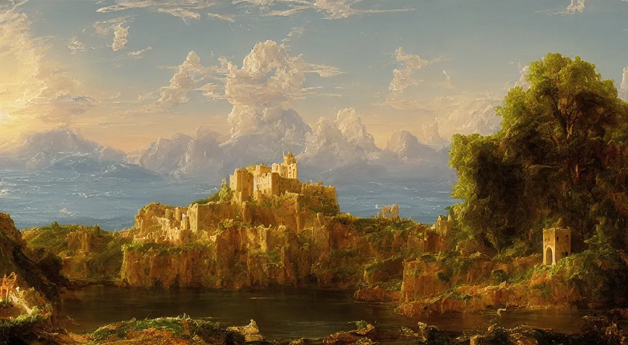 Image similar to a landscape painting of an byzantine castle, by Thomas Cole