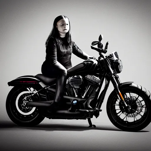 Image similar to greta thunberg wearing a black helmet on a black harleys davidson motorcycle, smoking, dust, from front, portrait, character frame, tatoos, highly detailed, blured background
