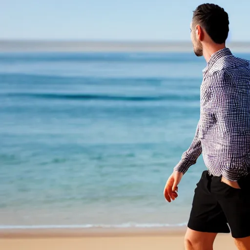 Image similar to a man walking in a sunny day in the beach with black shorts, realistic