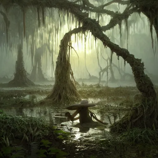 Prompt: swamp with a rotten stem formed like the face of nick nolte, at dusk, misty athmosphere, ultra realistic, concept art, intricate details, eerie, highly detailed, photorealistic, octane render, 8 k, unreal engine. art by ed binkley and ellen jewett and artgerm and greg rutkowski and alphonse mucha