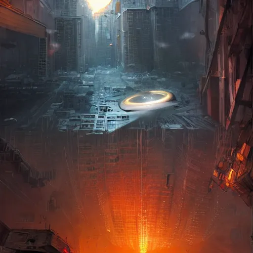 Prompt: black hole rising above city, city destroyed by shockwave, black hole with accretion disс, digital art, art by stefan koidl, brock hofer, marc simonetti