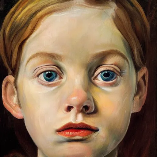 Prompt: high quality high detail painting by lucian freud, hd, beautiful young girl portrait, big eyes, alizarin crimson and white, photorealistic lighting