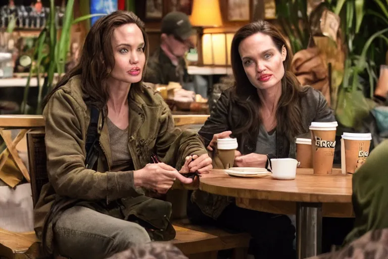 Image similar to The Predator (2018), Angelina Jolie, best friends, drinking coffee at central perk, still photo, hyperrealistic, 35mm, 8k, by weta digital