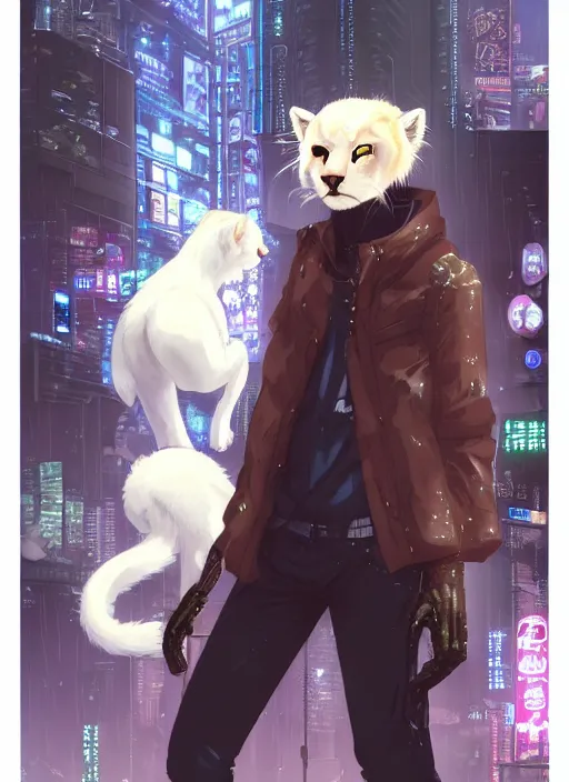 Image similar to character portrait of a male anthro albino mountain lion fursona with a tail and a cute beautiful attractive furry face wearing stylish cyberpunk clothes in a cyberpunk city at night while it rains. hidari, color page, tankoban, 4K, tone mapping, Akihiko Yoshida.